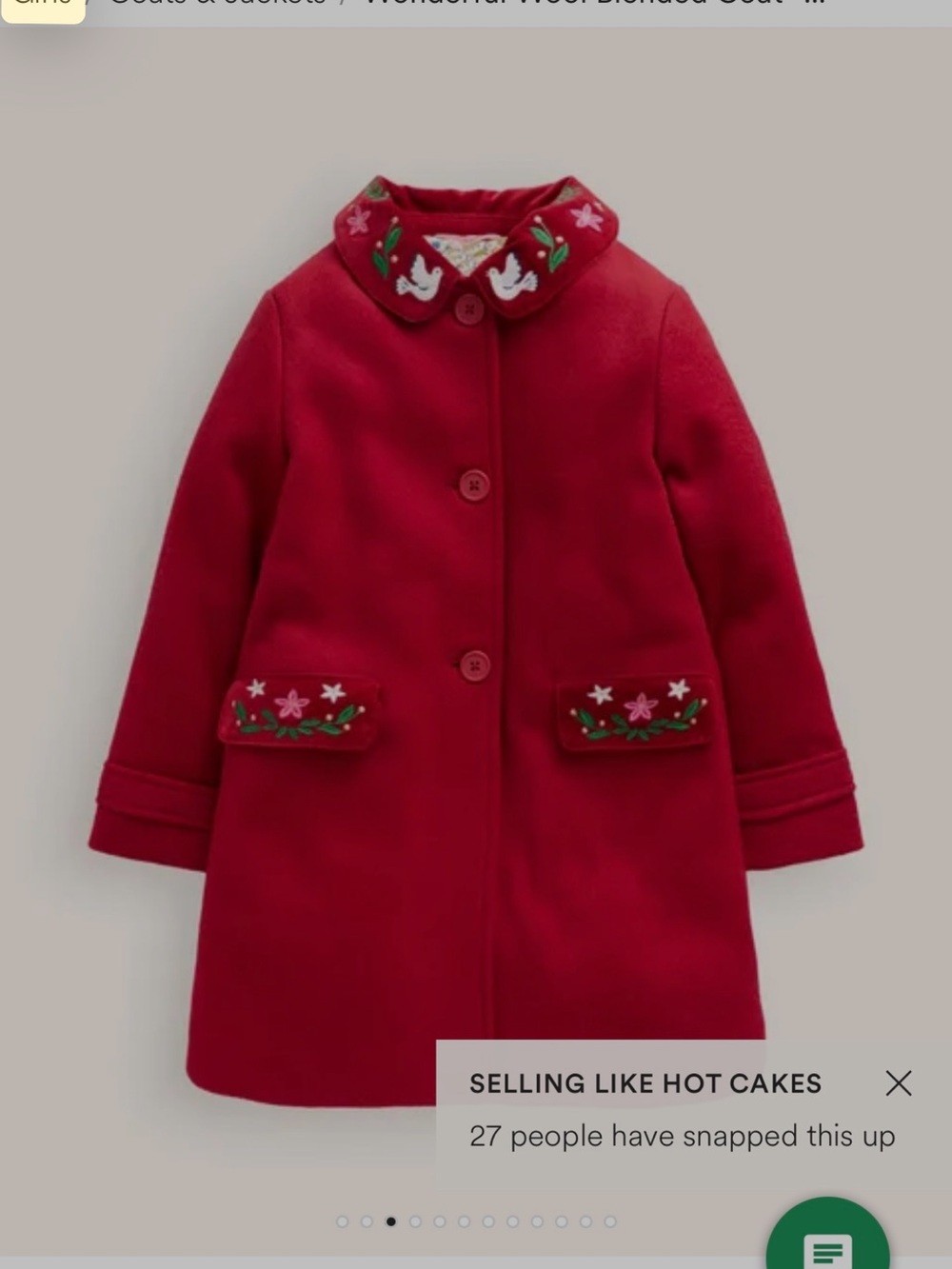 BODEN- Girls' Red Embroidered Collar Wool Coat